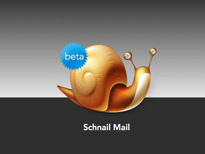 Publicité pour Schnailmail, image d'escargot avec le mot bêta