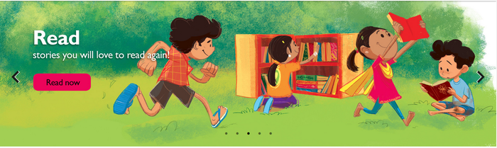 bandeau dessiné : READ (lire) des enfants s’emparent de livres dans un cadre verdoyant type parc avec une "boite à livres"