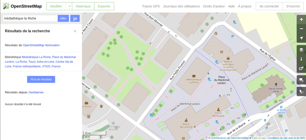 vue du centre de la ville de La Riche avec la requête "médiathèque la Riche" par OpenStreetMap