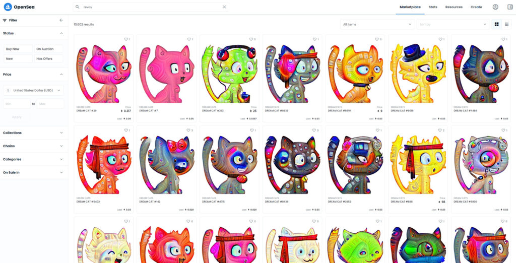 capture d'écran du catalogue Dream Cats sur OpenSea