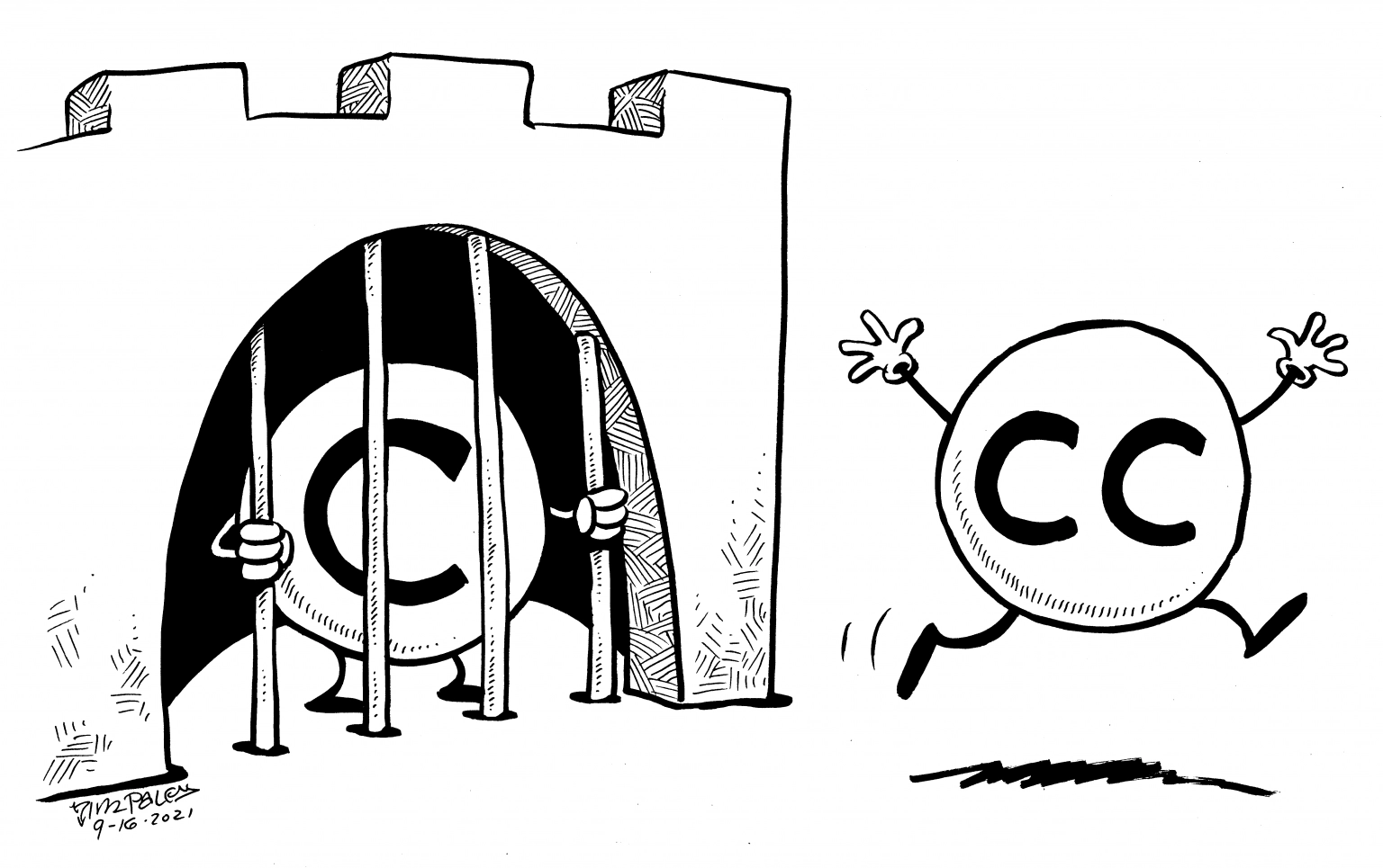 deux petits personnages simplifiés (boules avec 4 membres). l'un est enfermé derrière les barreaux d'une prison, il porte sur lui un C comme copyright, l'autre est libre et s'en va en courant, il porte les deux C de Cretaive Commons.