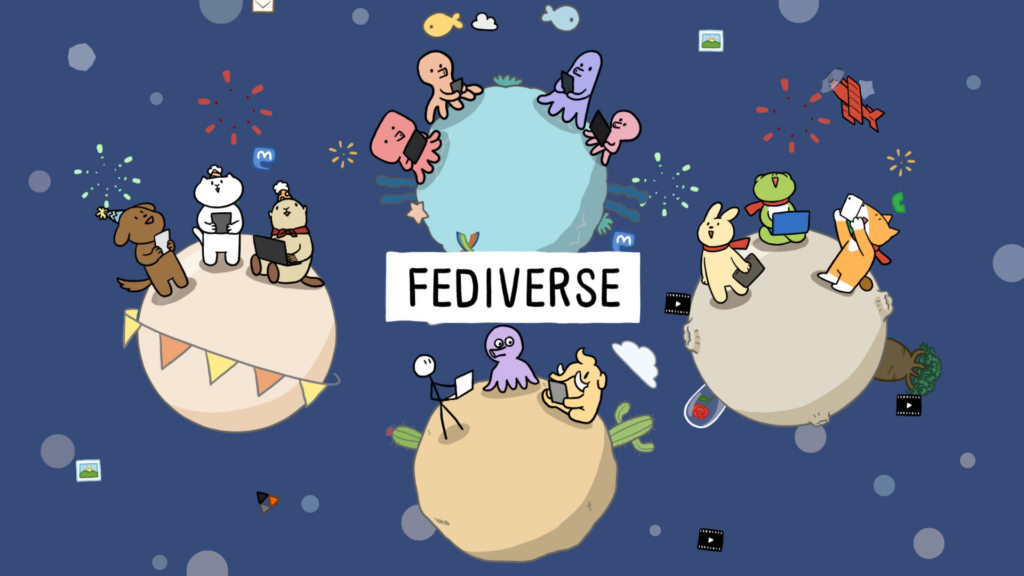 Des animaux sur plusieurs planetes forment un univers fédéré, avec l'inscription "Fediverse" au milieu
