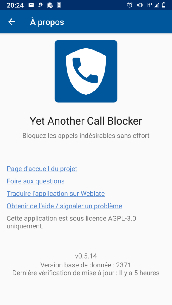 Copie d'écran de la page de présentation de l'application <em>Yen Another Call Blocker</em>