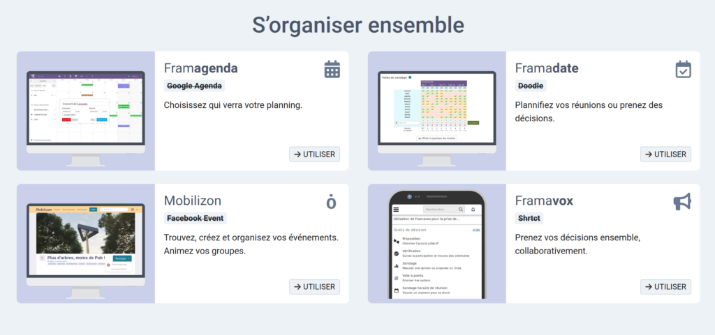 Capture écran des services de la thématique « S'organiser ensemble »