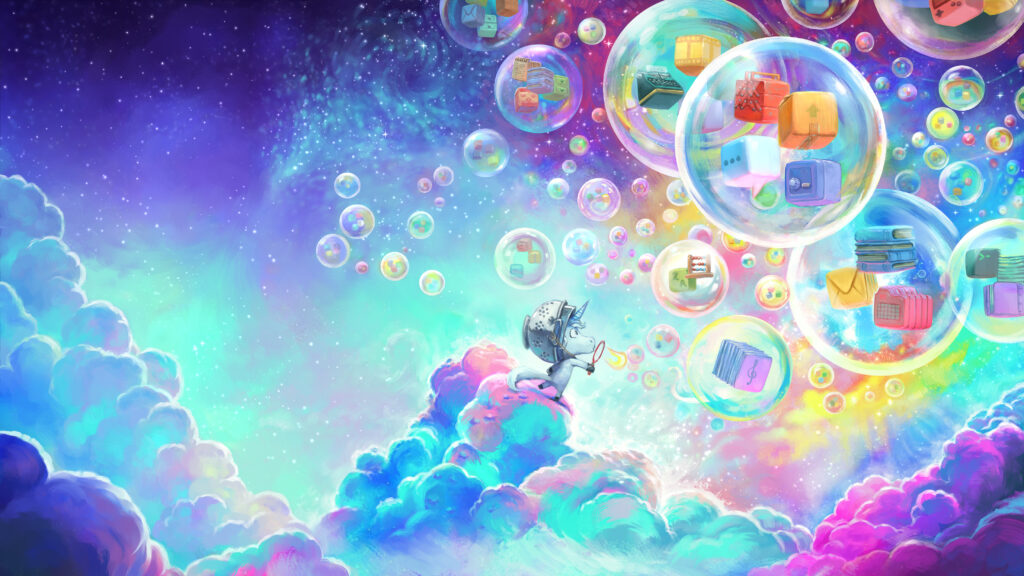 A unicorn dressed as an astronaut (with a spaghetti strainer on its head) is walking on the clouds and is blowing bubbles. Inside the bubbles, we can see cubes that represent collective work (files, toolboxes, books, typewriters, abacus, etc.)
