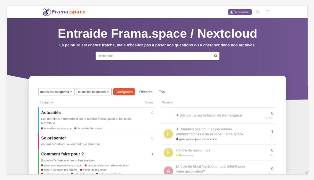Capture écran du forum d'entraide de Frama.space