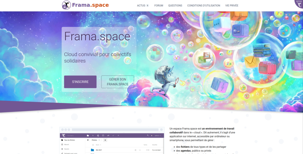 Image d'accueil du service Frama.space, avec une choupi-licorne (choupicorne ?) soufflant des bulles de liberté et de collaboration.