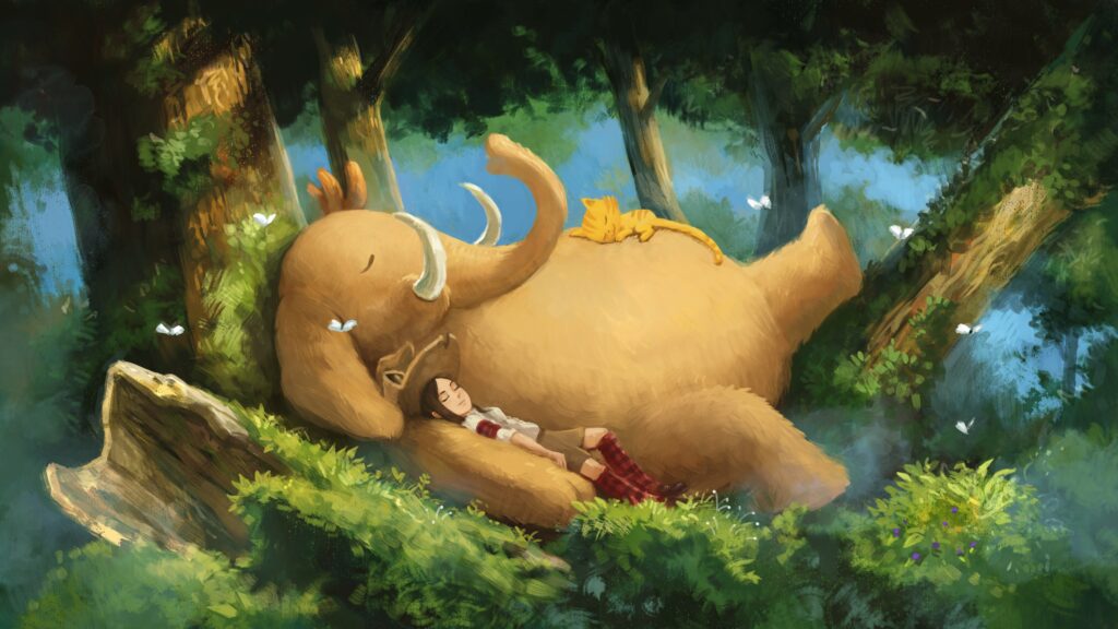 Pepper la sorcière et Carrot le chat dorment paisiblement contre un éléphant (un mastodonte) dans une jolie jungle.