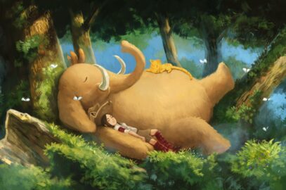 Pepper la sorcière et Carrot le chat dorment paisiblement contre un éléphant (un mastodonte) dans une jolie jungle.