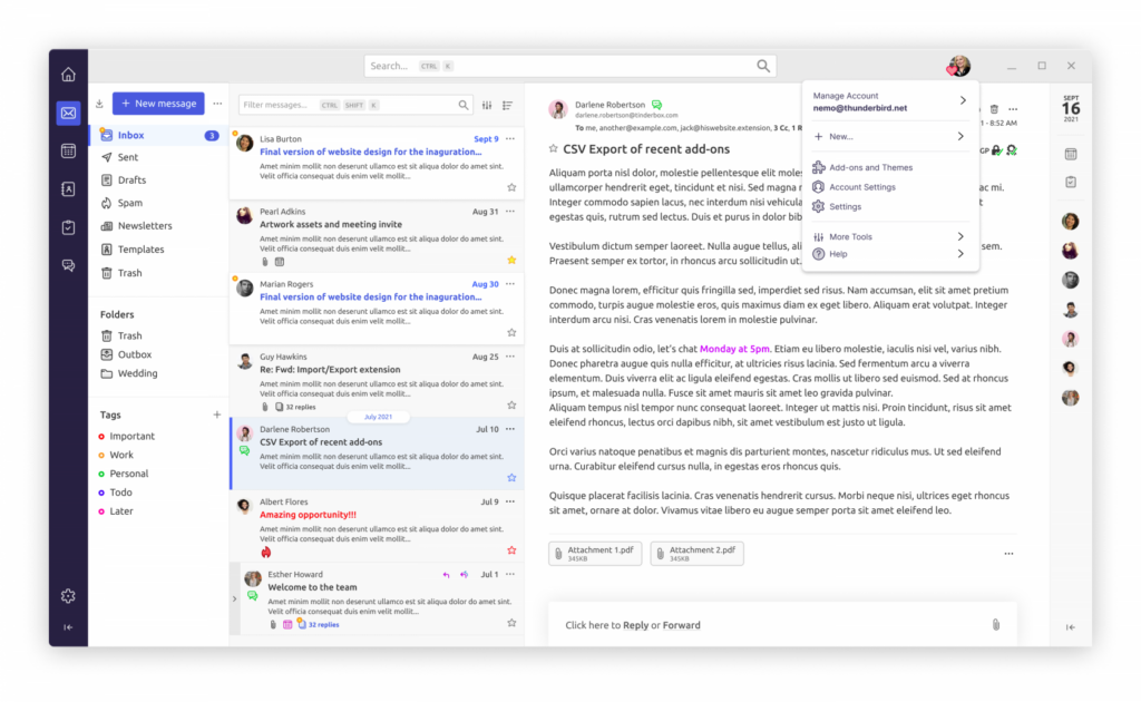 Thunderbird mi 2023 Commentaires sur La dégooglisation du GRAP, partie 2 : Au revoir Google Agenda et Gmail par Bohwaz