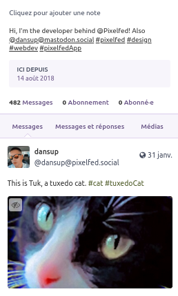 capture d'écran montrant une photo du chat de Dansup publiée sur pixelfed mais qui s'affiche ici sur le compte mastodon que l'on "suit".