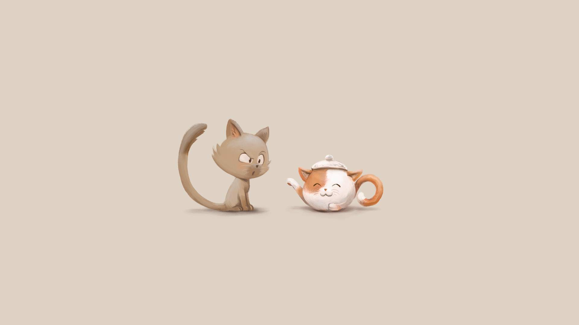 ilustration de David Revoy où un chaton fait les gros à un deuxième qui s'est plié-déguisé en théière