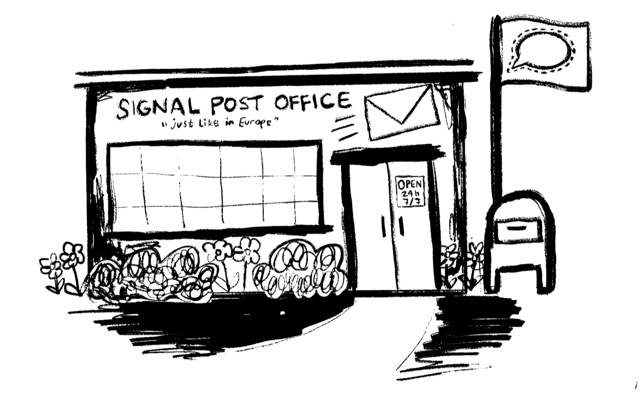 petit bureau de poste imaginaire où figure le drapeau de Signal, une boîte aux lettres et l'indication "comme en Europe" sous le titre "Bureau de poste de Signal"