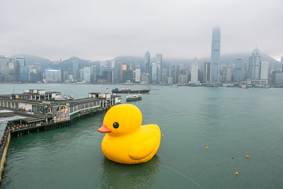 énorme canard en plastique jaune flottant dans le port de Hong Kong