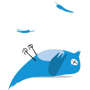 l'oiseau bleu de twitter sur le dos et à terre, mort avec un X qui lui ferme l'œil.