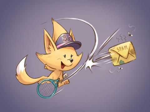 Rose, the Mobilizon fennec mascot, plays a backhand tennis game to send back a letter marked "spam".