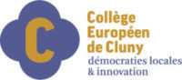 logo de établissement : un C jaune comme Cluny au centre de la représentation stylisée de l'abbaye. Texte : Collège européen de Cluny, démocraties locales & innovation