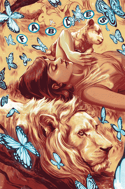 entre un lion et un lionceau, une jeune femme endormie, de nombreux papîllons bleu sur le fond orange. des "bulles" bleues portent les lettres du mot "Fables"