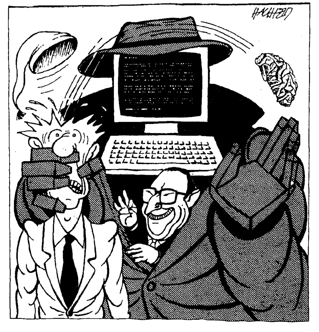 caricature suggérant qu'à travers un ordinateur des services secrets "récupèrent" le cerveau éjecté d'un quidam qui est comme étranglé.