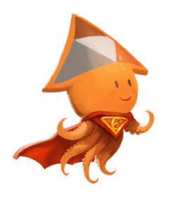 Dessin de Sepia, læ poulpe mascotte de PeerTube. Iel porte une cape de super héros, avec le sigle "6" sur son torse.