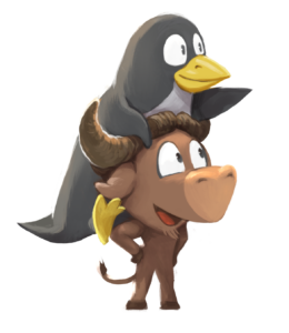 Dessin de Tux (manchot mascotte de Lunix) porté par GNU (gnou mascotte de GNU)