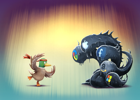 Dessin dans le style d'un jeu vidéo de combat, où s'affronte un canard karatéka et un monstre affublé des logos des GAFAM.