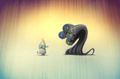 Dessin dans le style d'un jeu vidéo de combat, où s'affronte l'éléphant et le piaf de Dégooglisonse et le monstre de Google Suite.