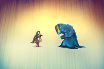 Dessin dans le style d'un jeu vidéo de combat, où s'affronte le Tux et le Gnu du logiciel libre et le monstre de microsoft Windows.