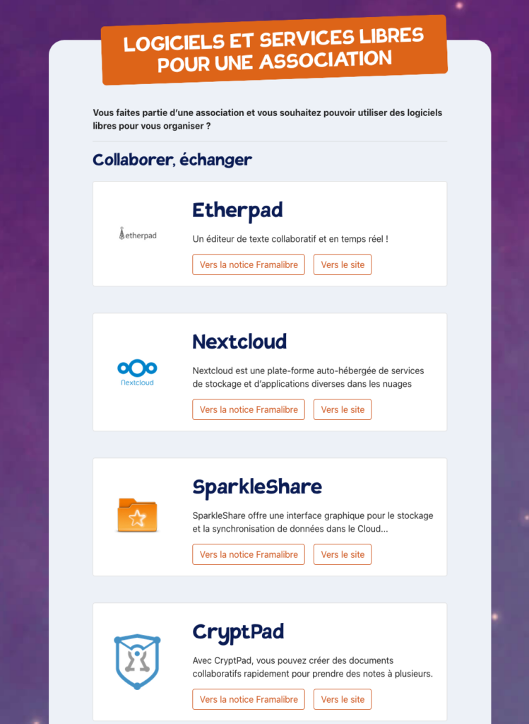 capture d'écran d'un mini-site pour recommander des logiciels libres pour les associations, on voit les logiciels Etherpad, Nextcloud et SparkleShare