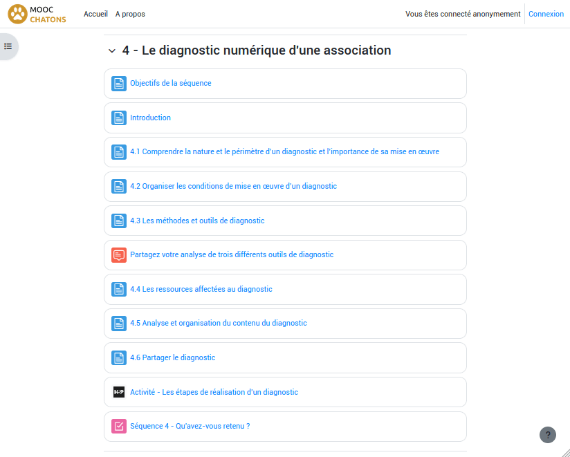 capture d'écran des catégories de contenus de la séquence 4 du MOOC
