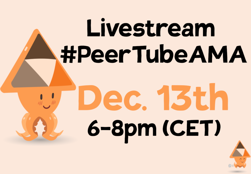 Thumbnail stating "Livestream #PeerTubeAMA - Dec. 13th - 6-8pm CET