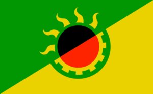 "Ancom or Ansyndie Solarpunk flag" by @Starwall@radical.town is licensed under CC BY-SA 4.0.