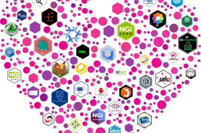 Une multitude de logos de projets soutenus par le programme NLnet, en forme de cœur
