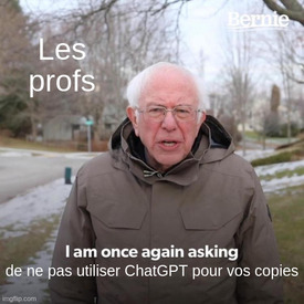 mème classique : Bernie Sanders, un vieil homme face caméra sous le titre "les profs" dit : "je vous demande une fois encore de ne pas utiliser chatGPT"