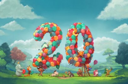 illustration où des animaux mascottes de projets framasoft rassemblent des ballons sur deux piquets au sol. Les ballons prennent la forme d'un 20 géant.