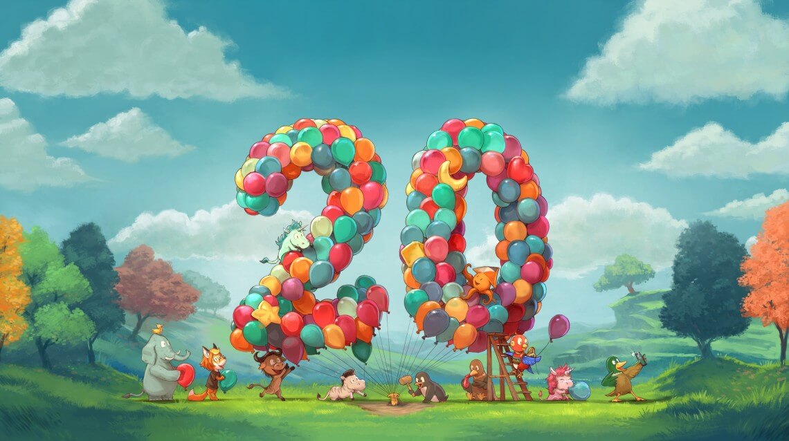 illustration où des animaux mascottes de projets framasoft rassemblent des ballons sur deux piquets au sol. Les ballons prennent la forme d'un 20 géant.