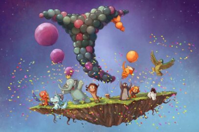 Illustration - des mascottes ont planté une flopée de ballons qui prennent la forme du logo Framasoft. Le lopin de terre s'est détaché, et ils flottent dans le ciel nocture en faisant la fête.