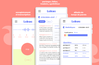 captures d'écran de l'application Lokas avec les trois étapes : enregistrement, édition du transcript, détail du temps de parole