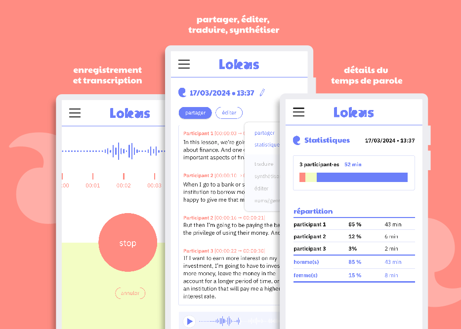 captures d'écran de l'application Lokas avec les trois étapes : enregistrement, édition du transcript, détail du temps de parole