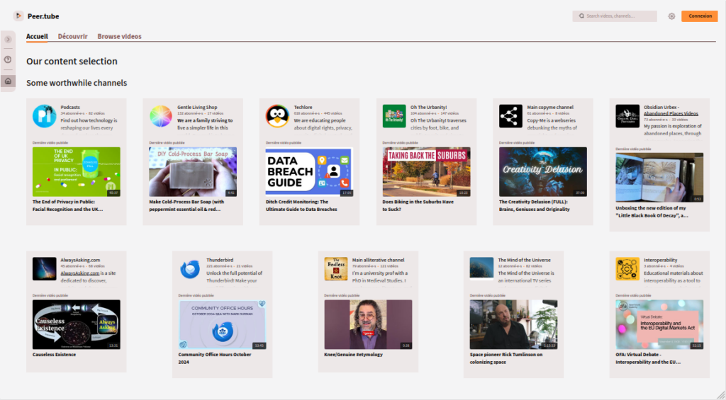 screenshot de la page d'accueil de peer.tube