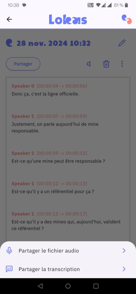 Affichage du menu de partage (audio ou texte) dans Lokas. En fond d'écran, la transcription.