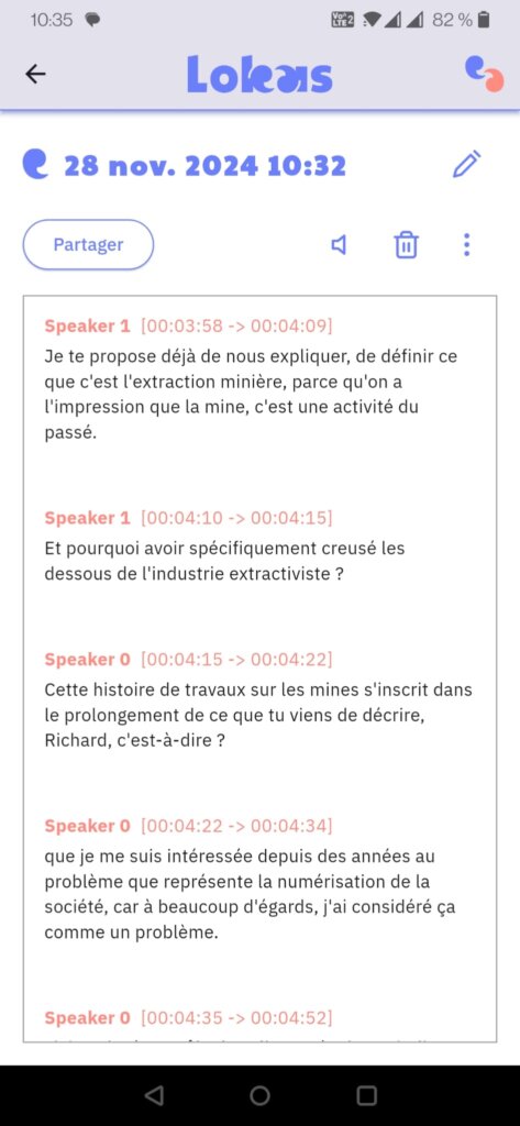 Exemple de transcription d'un échange vocal avec l'application Lokas