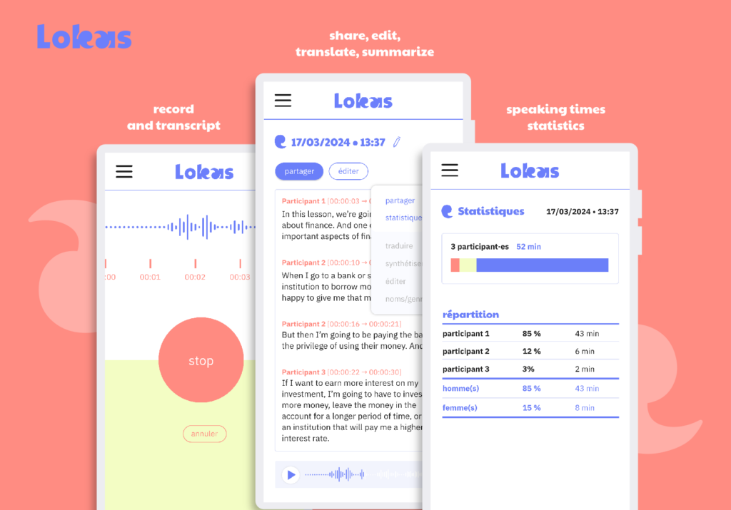 screenshots of the Lokas application with the three stages: recording, editing the transcript, details of speaking time