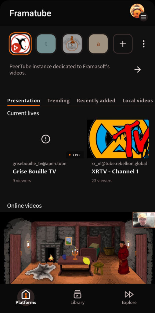 Image PeerTube app "explore platforms"