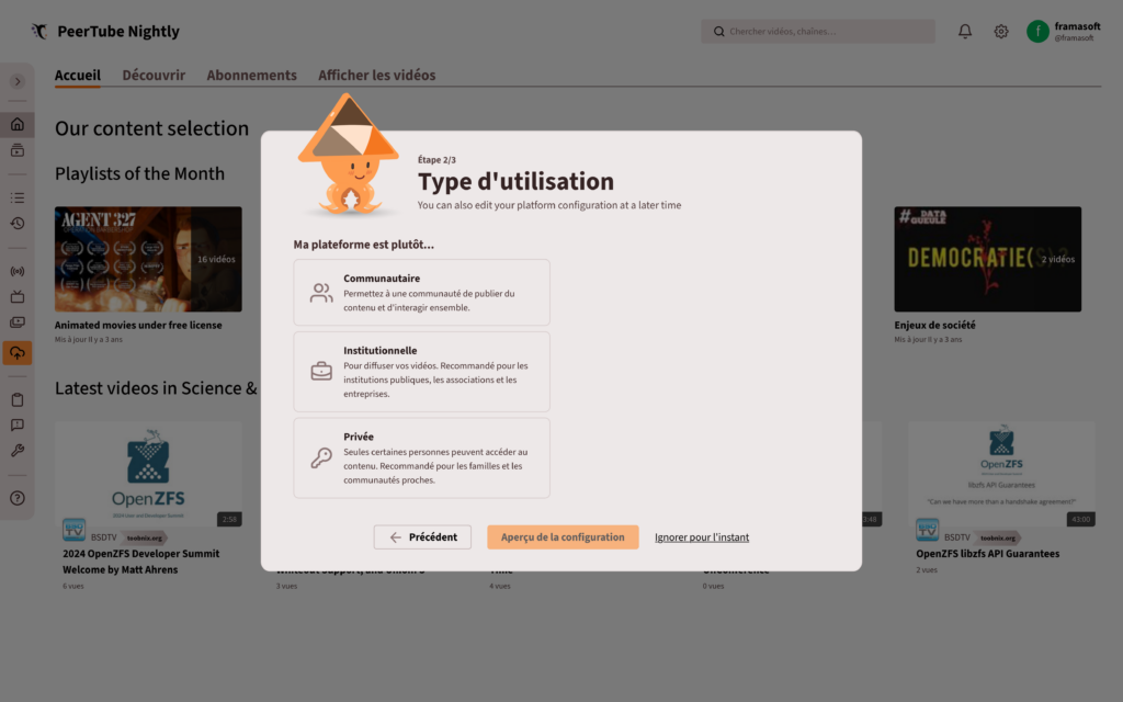 Capture d'écran de l'assistant de configuration de PeerTube.La capture montre l'étape 2/3 : celle du choix du type de plateforme. Les options sont "communautaire", "institutionnelle" ou "personnelle". Il est possible d'ignorer cette étape.
