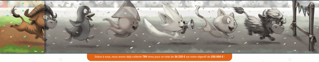 Capture d'écran du bandeau de dons du site soutenir.framasoft.org. Il est écrit "Grâce à vous, nous avons déjà collecté 789 dons pour un total de 36 235 € sur notre objectif de 250 000 € !"