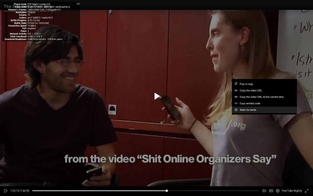 Screenshot showing the new PeerTube player. A right-click has been done on the player to display its menu. “Stats for nerds” is highlighted, and the information is displayed at the top left of the player. 
