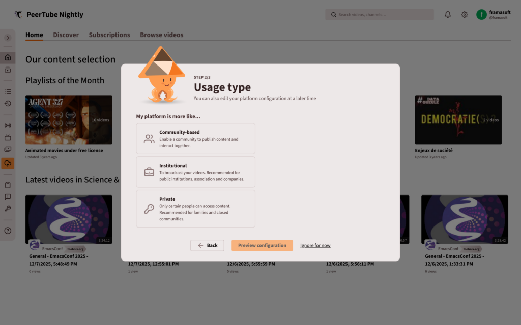 Screenshot of the PeerTube configuration wizard. The screenshot shows step 2/3: choosing the type of platform. The options are “community,” “institutional,” or “personal.” It is possible to skip this step.