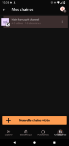 Capture d'écran de la page "Mes Chaînes". En haut, la chaîne "Main framasoft channel", indiquant "0 vidéos, 0 abonnées". Un menu est disponible sur la droite pour agir sur cette chaîne. En bas, un bouton "Nouvelle chaîne vidéo".