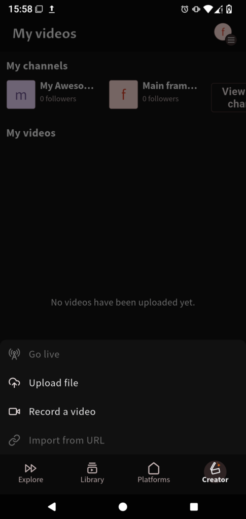Displaying the menu for publishing a video. Four options are displayed: - Go live, which is grayed out and unavailable. - Upload file - Record a video - Import from URL, which is grayed out and unavailable.